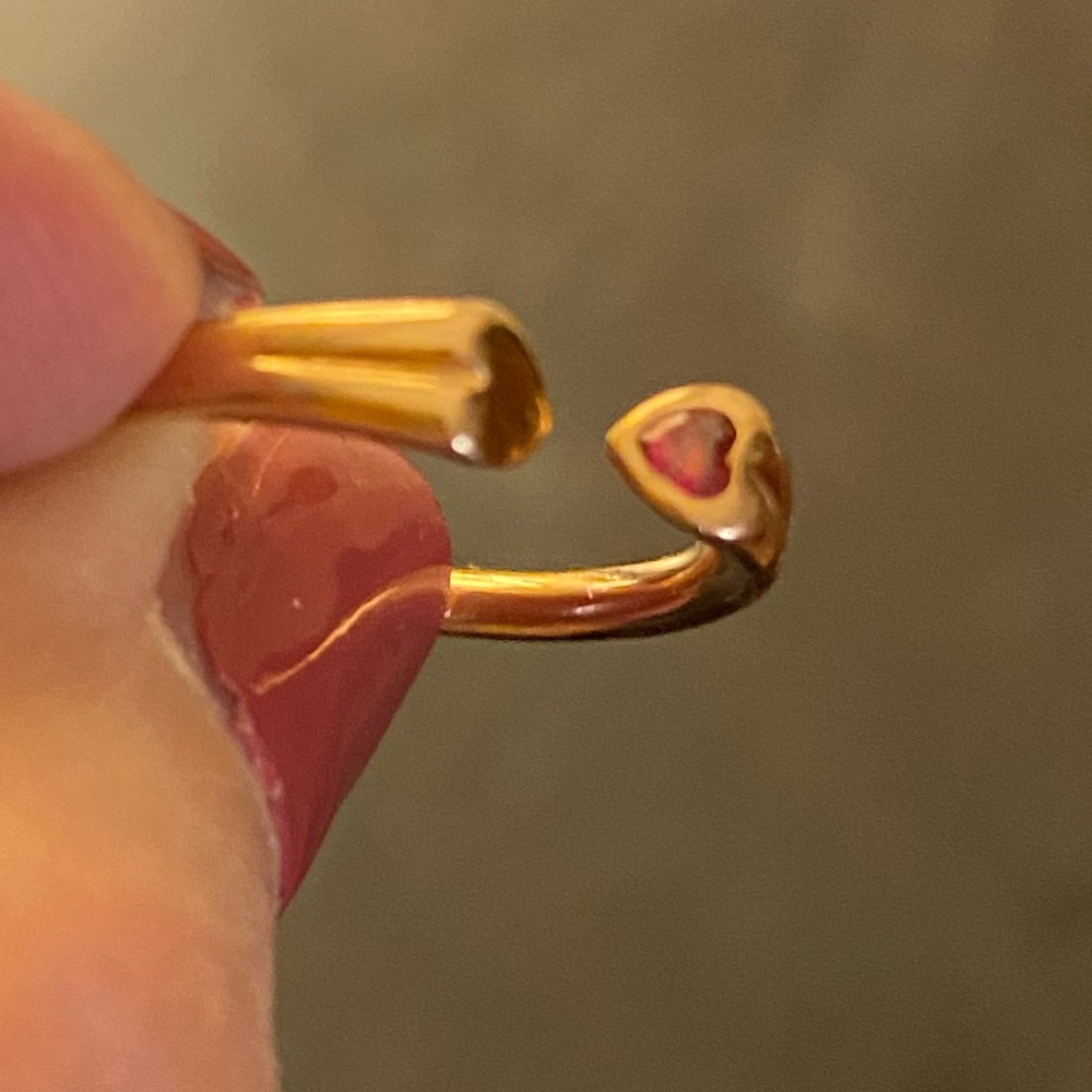 Pandora rose gold open ring with red heart stone